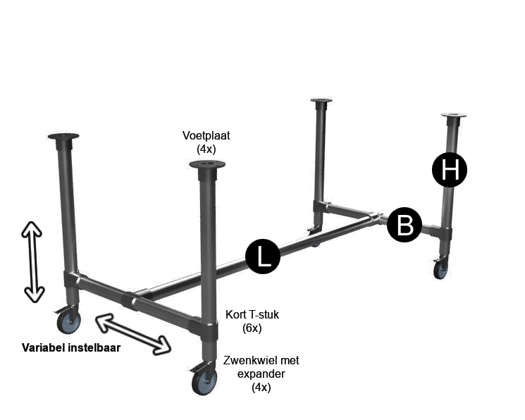 Zwarte steigerbuis onderstel tafel uit buis Ø 48,3 mm zwenkwielen